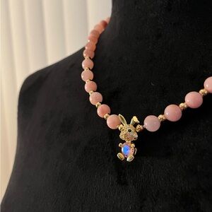 Gold Bunny Pendant & Pink Stone Beads Necklace